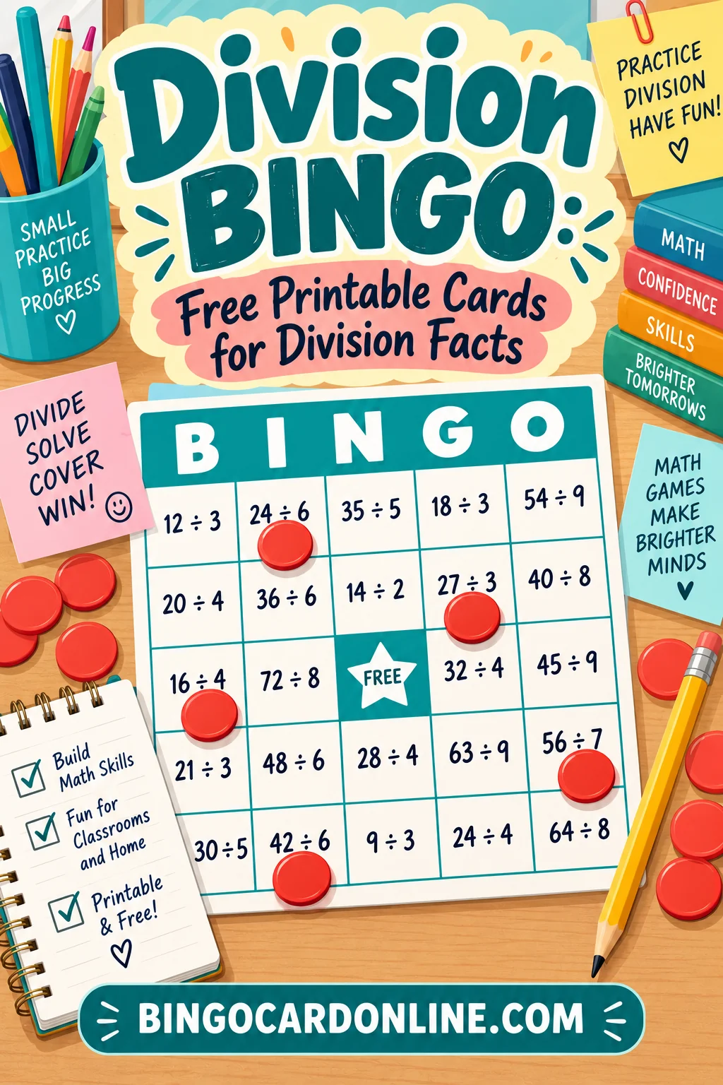Division Bingo: Free Printable Cards for Division Facts